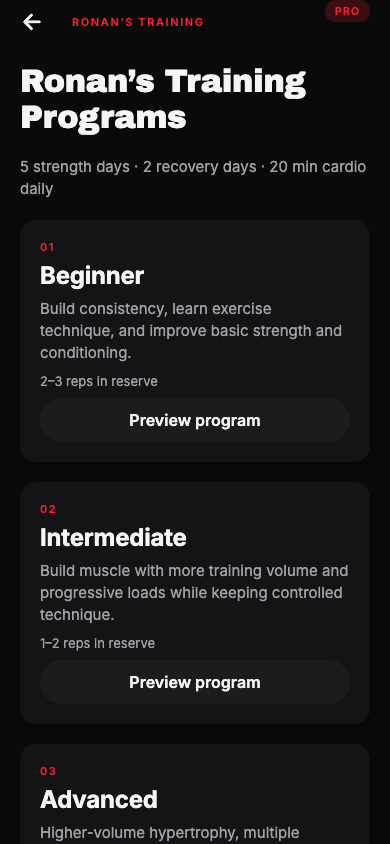 Choose your programme in the Physique Method app